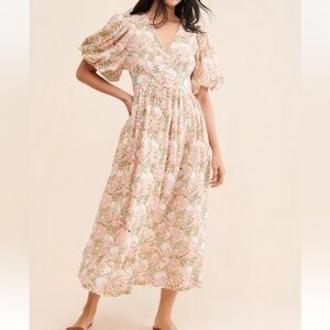 MIRTH Floral Puff Sleeve Midi Dress Snapdragon M Cottagecore Prairie Gir…